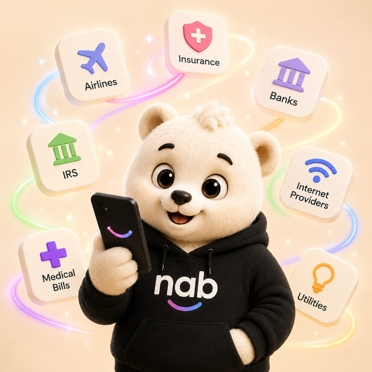 Nab can call airlines, insurance, banks, IRS, DMV, internet providers, medical billing, and utilities