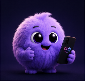 Purple Nab mascot holding a phone